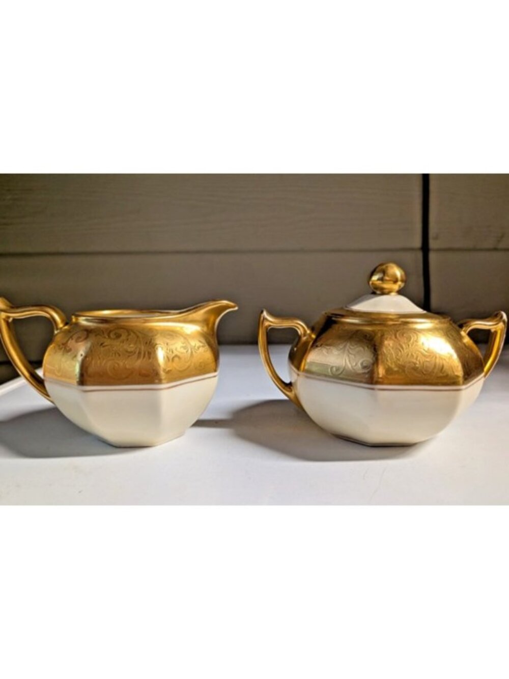 Antique Cream & Sugar Set Hexagonal Gilded Z.S.& CO Bavaria Pickard Etched China